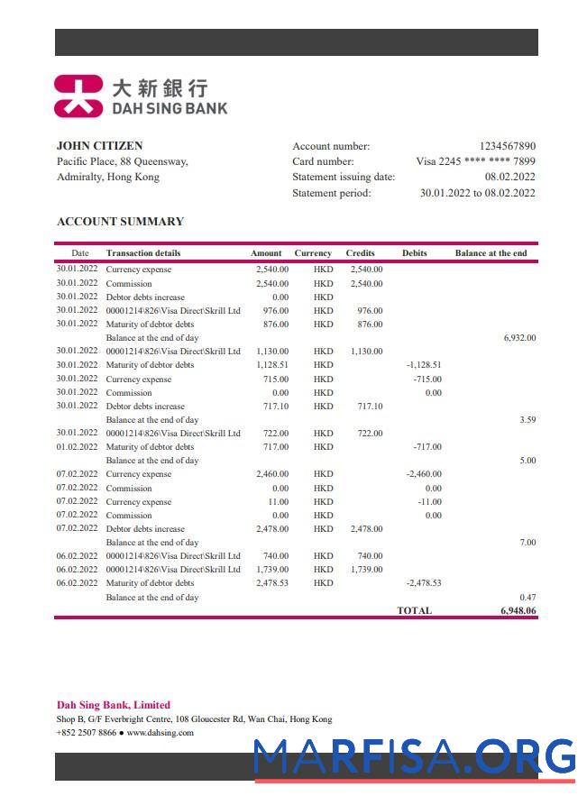 Downloadable Hong Kong DAH Sing Bank statement excel example